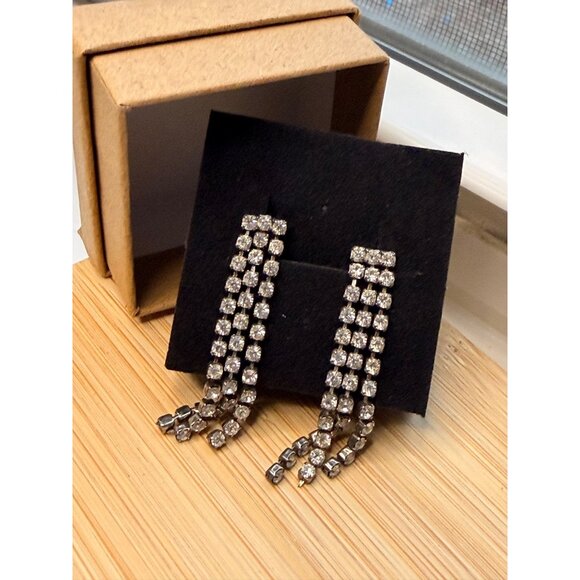 Silver-Tone Rhinestone Dangle Earrings With 3-Row Design For Women - Picture 4 of 6